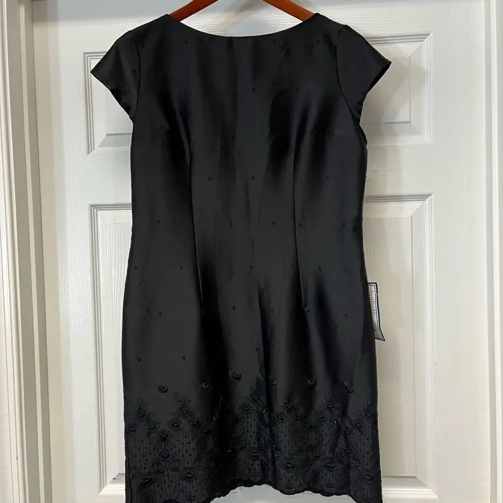 Vintage Mark Farrel Black Satin Embroidered Hem Dress sz 10 NWT